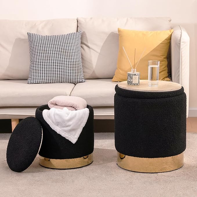 Sherpa Round Ottoman Set of 2 with Storage, 12 Gallon Hidden Storage Ottoman, Multi-Functional Footrest Stool, Vanity Seat, Coffee Table, No Assembly Required, Holds 300lbs (Teddy Black)