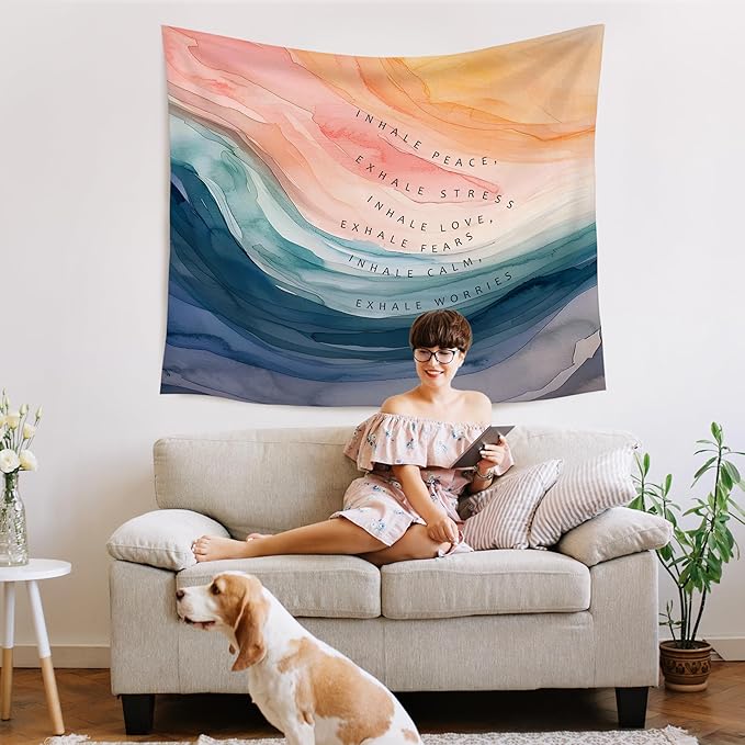 WARDOS Mental Health Tapestry, Inhale Exhale Mental Health Tapestry Wall Hanging, Abstract Watercolor Meditation Wall Blanket Decor for Therapist Counselor Calming Office, 50x60 Inch