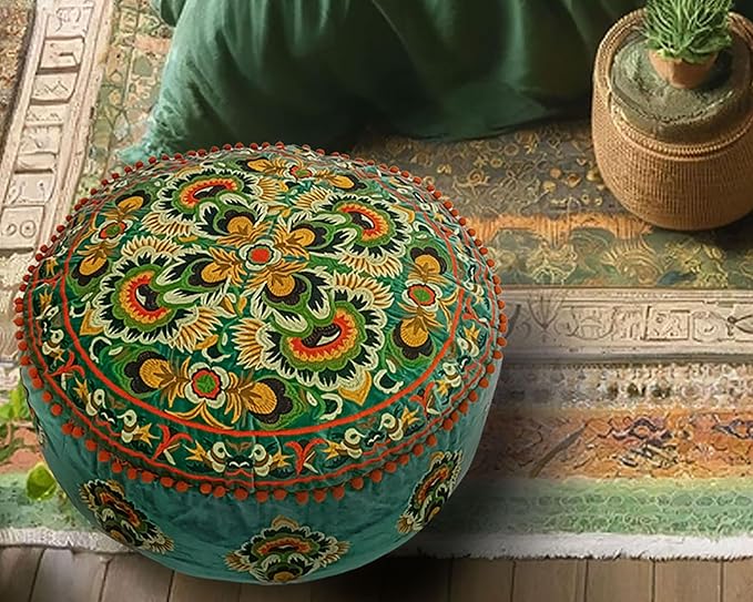 Mandala Life ART Green Round Velvet Pouf Cover - Soft Embroidered Ottoman Slipcover with Moroccan Design, 24 Inch Diameter, Ideal for Living Room, Bedroom, or Meditation Space - Floow Pillow Cushion