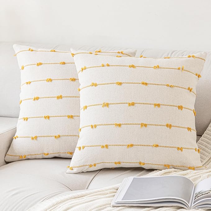 Boho Throw Pillow Covers 16x16 Set of 2 Modern Farmhouse Decorative Cushion Case Tufted Square Pillows Cover Neutral Pillow Cases Accent Pillowcase for Sofa,Couch,Bed,Beige and Yellow