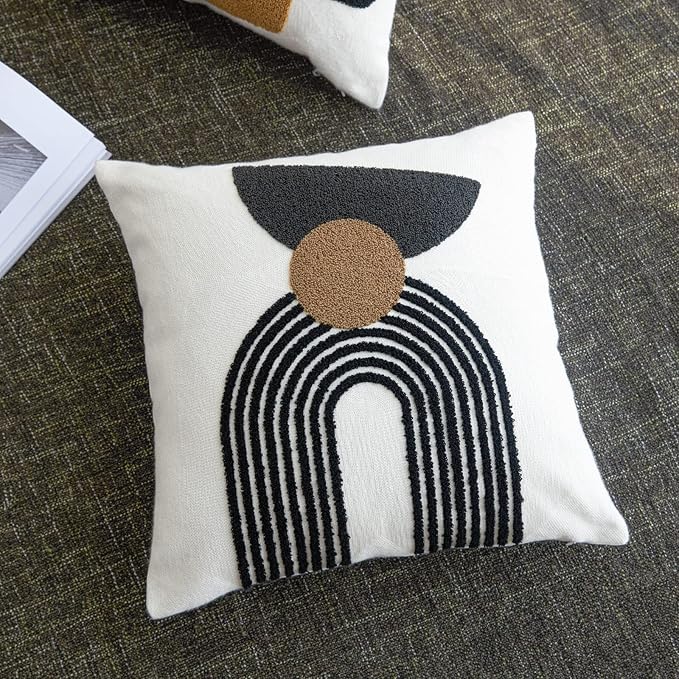 Boho Geo Accent Throw Pillow Covers Tribe Modern Round Arched Geometric Decorative Abstract Pillowcase for Bed Couch Living Room,1 Set of 18x18,Brown and Black