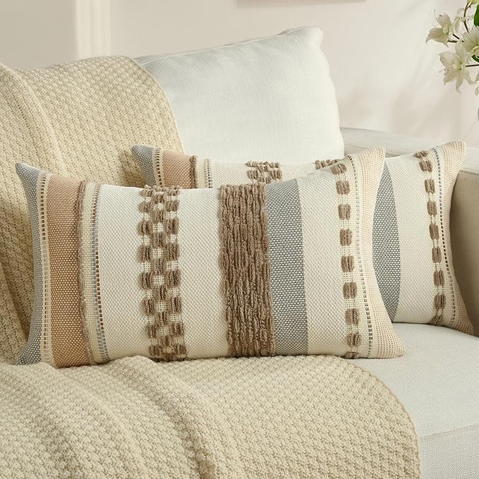 FUTEI Khaki Decorative Throw Pillow Covers 12x20 Inch Set of 2, Soft Tufted Striped Textured Accent Pillow Case,Boho Pillows for Couch Decor