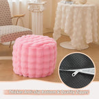 LIFEREVO Faux Rabbit Fur Round Inflatable Pouf Ottoman, 20" X 16" Plush Fuzzy Waffle Bubble Floor Poufs Foot Rest for Living Room Bedroom, Furry Pouf Chair Foot Stool Home Decor, Anti-Slip, Pink