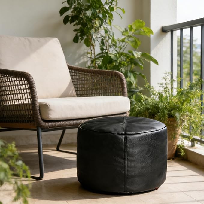 Thgonwid Unstuffed Faux Leather Pouf Cover, Handmade Footstool Ottoman Storage Solution, Floor Footrest Cushion - 16.5" Dx12 H, Pure Black