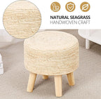 Cpintltr Round Ottoman Natural Seagrass Footstool Hand Weave Water Hyacinth Poufs Eco Friendly Sofa Foot Stool Soft Step Stool Padded Foot Rest with Pine Legs for Living Room (Natural White)