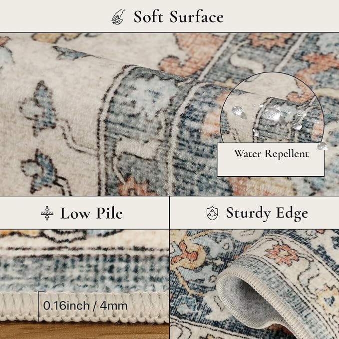 GENIMO 8x10 Area Rugs for Living Room, Machine Washable Non Slip Rugs, Low Pile Lightweight Print Rug for Bedroom, Dining Room, Home Office, Vintage Blue/Amber