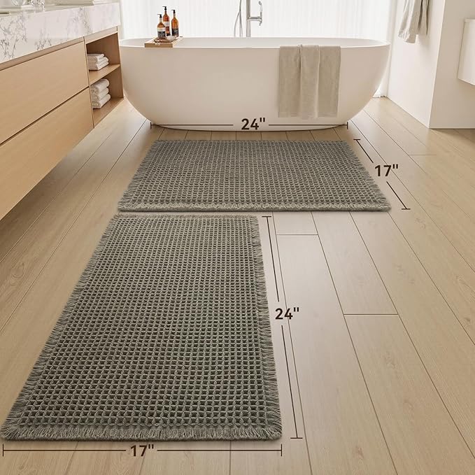Upgraded Waffle Bath Mats Set of 2, Super Absorbent Non Slip Bath Mats for Bathroom Floor, Washable Boho Bathroom Rugs Set 2 Piece with Tassels, Soft Bathroom Mat Set, 17" x 24" (2 Pack), Green