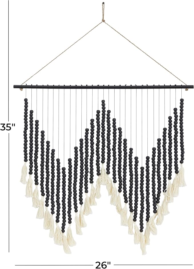 Deco 79 Wood Macrame Home Wall Decor Beaded Wall Sculpture with Fringe Tassels, Wall Art 26" x 1" x 35", Black