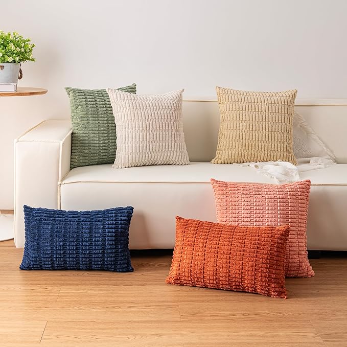 Pack of 2 Corduroy Decorative Throw Pillow Covers 24x24 InchSoft Striped Pillow Covers Modern Farmhouse Home Decor for Sofa Living Room Couch Bed（Light Grey）