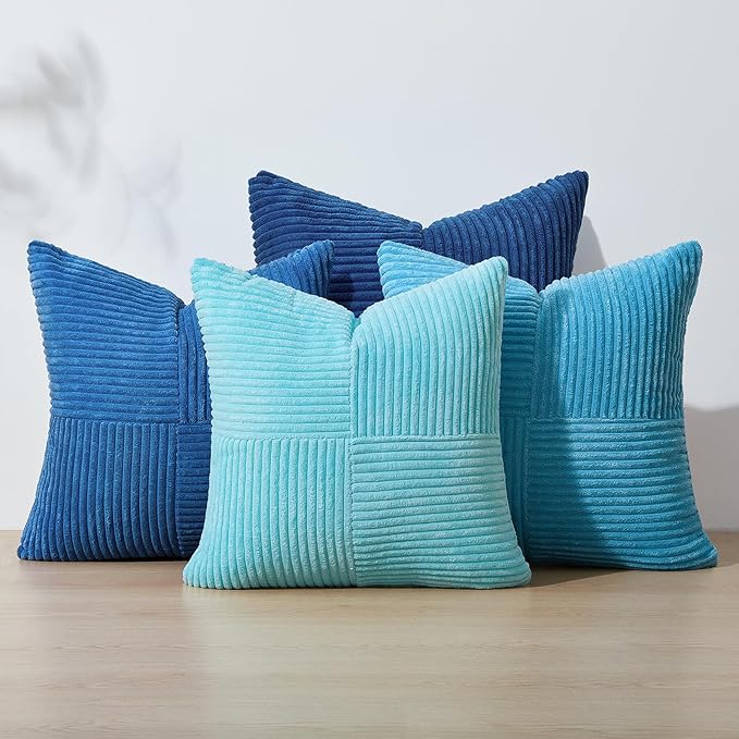 Topfinel LightBlue Decorative Throw Pillow Covers,18x18 Blue Pillow Covers Set of 4 with Striped Corduroy,Boho Soft Accent Navy BlueCushion Covers for Couch,Bed,Living Room Home Decor