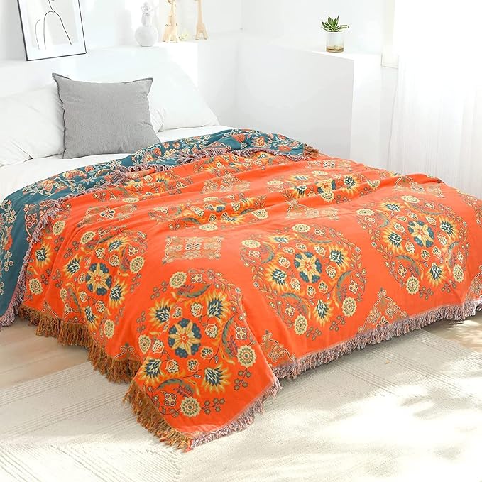 Fall Throw Blanket for Couch Bed Chair,100% Cotton Soft Lightweight Blanket Rustic Quilt -Orange Floral Printed Farmhouse Decor Bed All Season Blankets,60"×80"