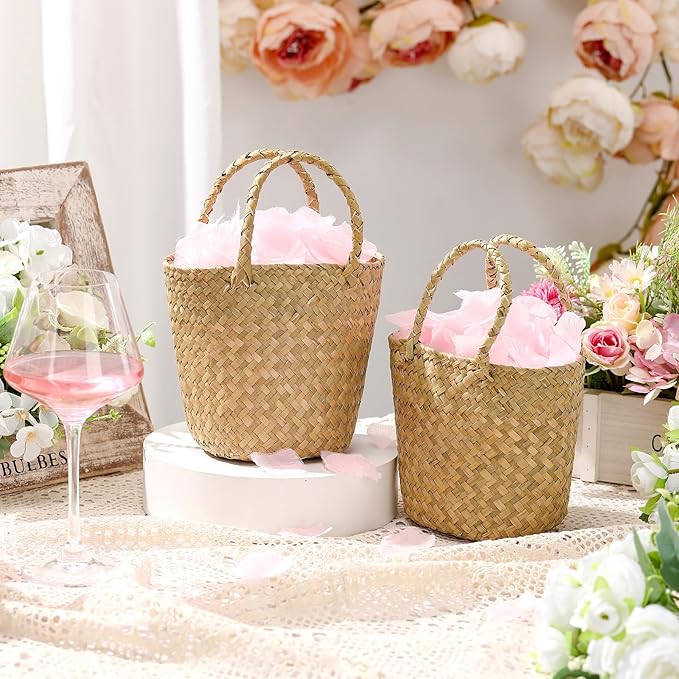 LemonRoad 2 Pcs Flower Girl Basket for Wedding Small Rustic Seagrass Basket with Handle Boho Wedding Flower Storage Farmhouse Decor for Petals Confetti Sweets Gifts 5.12 x 5.51''d (Natural Color)