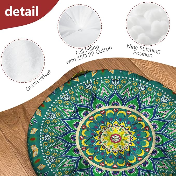 Mandala Meditation Cushion, Boho Meditation Mat, Meditation Pillows for Sitting on Floor, Cushions for Sitting in Home and Outdoor, Round Floor Pillows Cushion Seating for Yoga Accessories 22'' X 22''