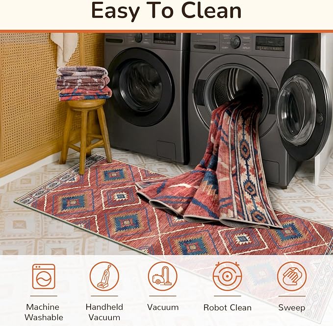 Area Rug 8x10 Rug Machine Washable Non-Slip Low Pile Print Pattern Western Rug for Living Room Bedroom Entryway Tribal Series -Red/Orange