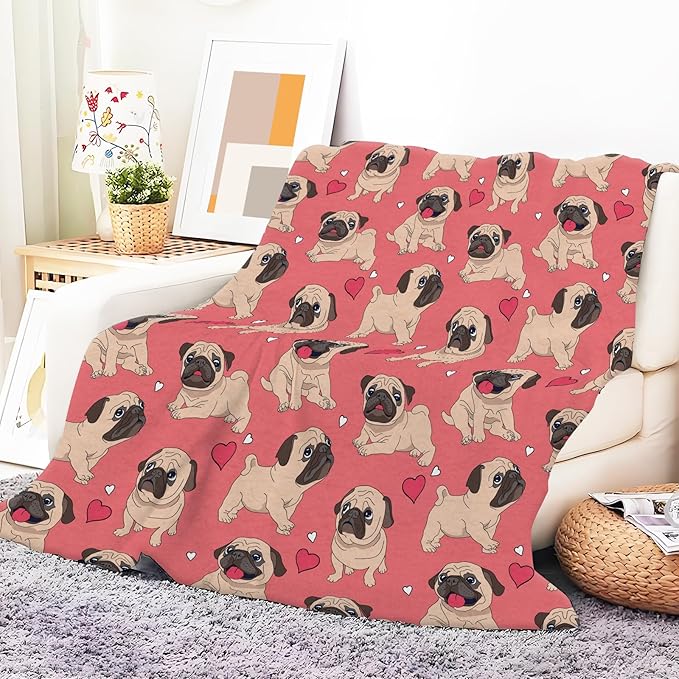 Throw Blanket for Couch, 300GSM Warm Soft Cozy Flannel Blanket, Cute Blanket for All Seasons Bedroom Home Decor Gifts, Pink Funny Dogs 50x60 Inches