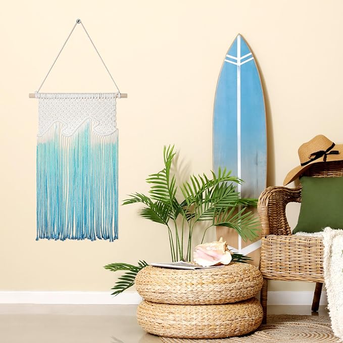 Bucherry Beach Wave Hanging Tassels Decor 16" x 26" Ocean Macrame Wall Hanging Coastal Tapestry Wall Art for Beach Themed Seafaring Living Room Bedroom Home Decoration