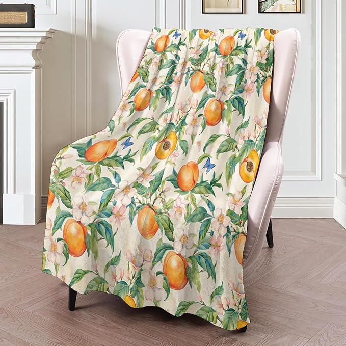 Peach Blossom Blanket 50×60 Inch,Summer Hand Drawn Fruit and Floral Lightweight Flannel Throw with Butterfly,Vintage Orchard Garden Home Decor,Gifts for Girls,Women