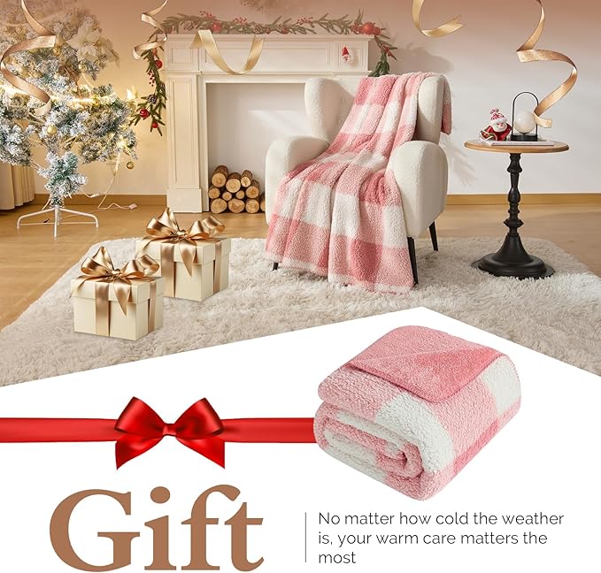 LURKA Checkered Sherpa Fleece Throw Blanket – Soft and Cozy, Medium Weight for All Season, Plush Throw for Couch, Bed, Dorm & Pets, Powder Pink, 60x80 Inches
