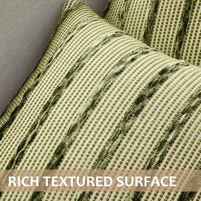 ANRODUO Boho Woven Chenille Pillow Covers 20x20 Inch Set of 2 Soft Textured Decorative Cushion Case with Striped Farmhouse Accent Neutral Pillowcase for Couch Sofa Bed Living Room Decor, Olive Stripe