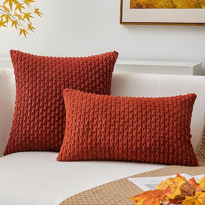 Kevin Textile Fall 14x20 Inch Pillow Cover 1 Pack Boho Decorative Soft Striped Corduroy Lumbar Farmhouse Solid Color Accent Rectangle Cushion Case for Living Room Couch Sofa Bed, Burnt Brick