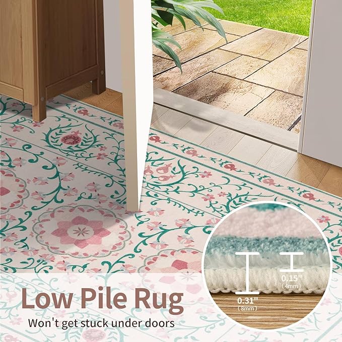 Pink Rug for Living Room Bedroom, Floral 5x7 Washable Rugs, Vintage Boho Style, Large Non Slip Flower Carpet for Indoor Dining Room, Girls Room and Nursery(Pink/Green 5x7ft)