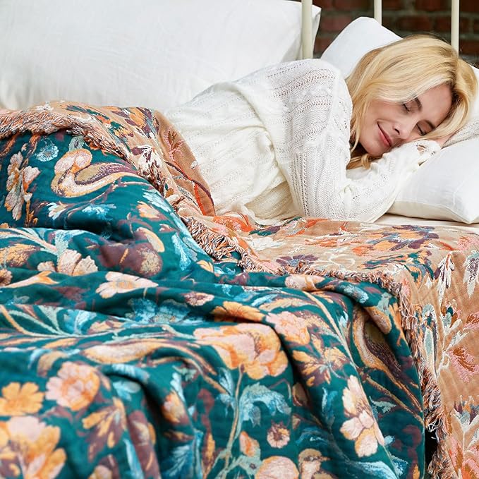 Boho Throw Blanket - 100% Cotton Ultra Soft Muslin Blanket, 60"x80" Lightweight Floral Bird Framhouse Bedding Spring Blanket for Bed, All Season Green Bohemian Bedroom Home Decor Quilt