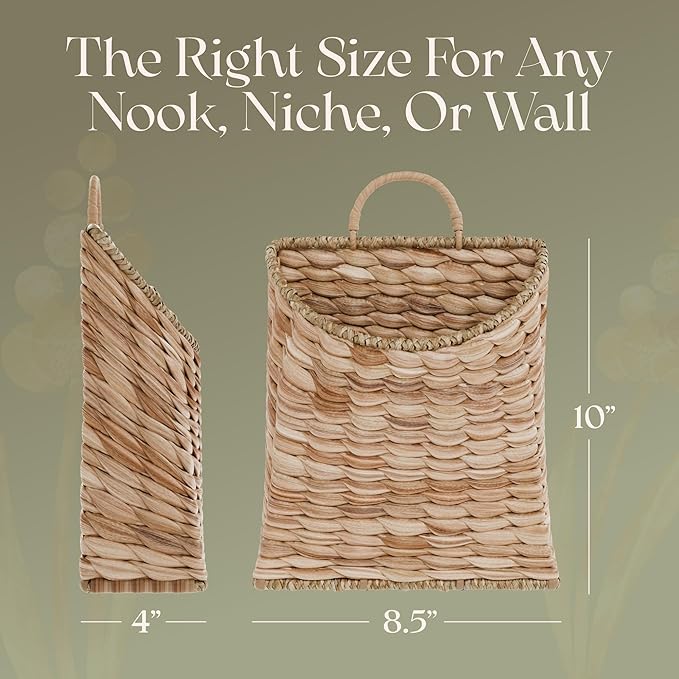 Boho Woven Wall Hanging Basket – Water Hyacinth Flat Back Basket for Front Door, Wall Mounted Storage & Entryway Organizer, Rustic Farmhouse Wall Decor, Housewarming Gift