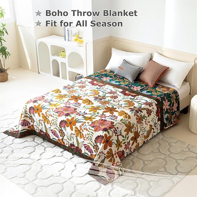 Boho Throw Blanket for Bed 100% Cotton Soft Breathable Quilt Floral Leaves Embroidery Home Decor Reversible Bed Spring Blankets,60"x80" All Season Twin Blankets for Sofa Couch Chair