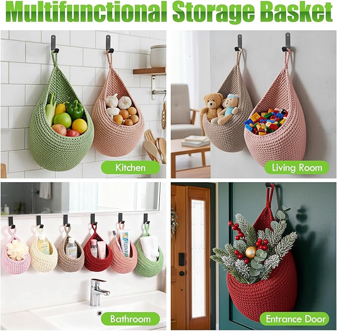 Honeydak 6 Pack Boho Hanging Wall Baskets for Kitchen Teardrop Hanging Fruit Vegetable Baskets with 6 Hooks, Home Onion Net for Fruits Vegetable Potato Storage, 6 Sizes(Colorful)
