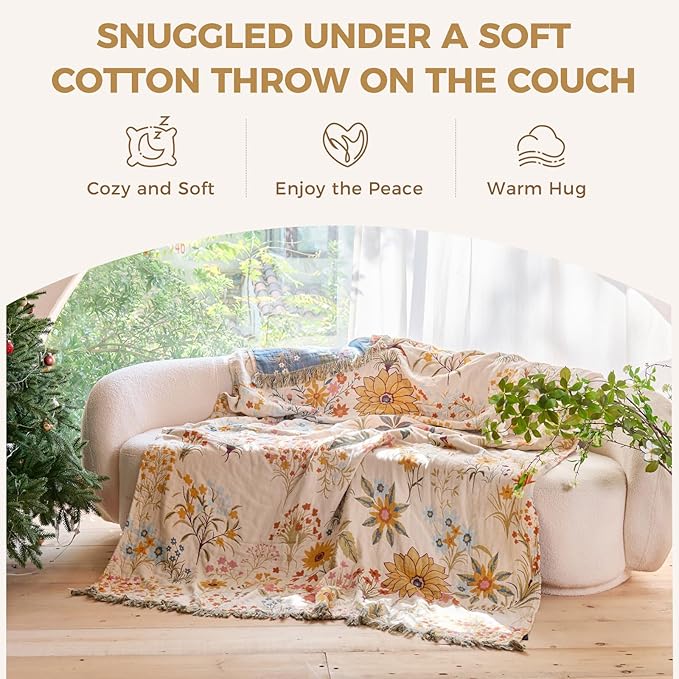 Boho Throw Blanket for Couch Sofa Chair Cotton Spring Breathable Blankets for Bedroom Living Room All Season Soft Lightweight Reversible Floral Embroidery Throws Home Decor 50"x60"