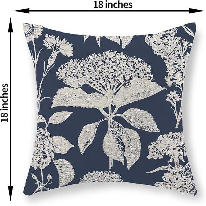 Blue Pillow Covers 18x18 Set of 2 Boho White Floral Throw Pillows Hydrangea Herbs Botanical Decoration Pillowcase Linen Farmhouse Vintage Flower Cushion Case Outdoor Decorative for Couch Sofa