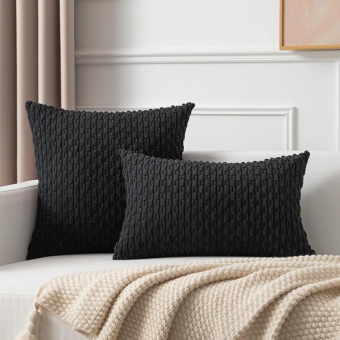 Kevin Textile 14x22 Inch Pillow Cover 1 Pack Boho Decorative Soft Striped Corduroy Lumbar Farmhouse Accent Rectangle Cushion Case for Living Room Couch Sofa Bed, Black