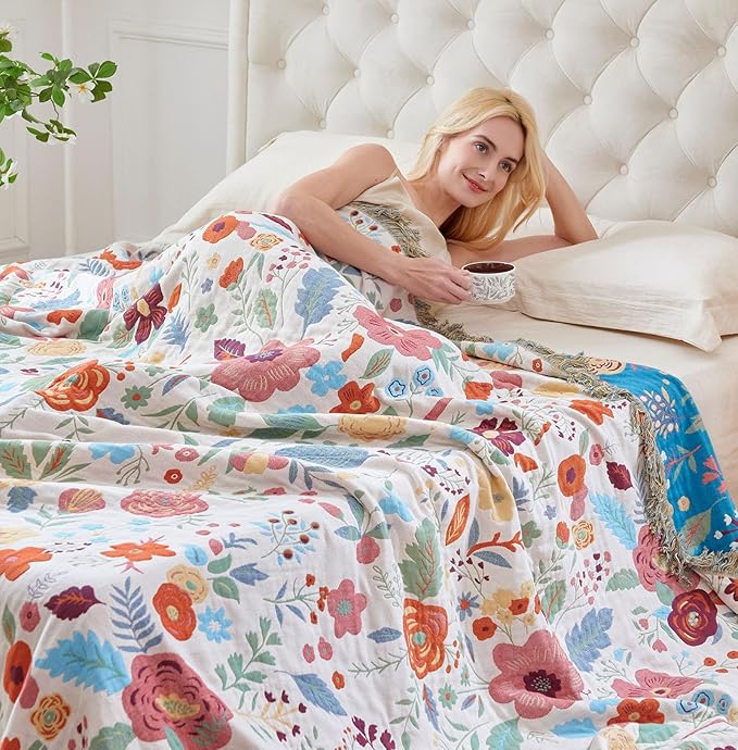 Boho Throw Blanket - 100% Cotton Soft Breathable Spring Throw Blankets, 60"x80" 4-Layer Lightweight Muslin Cotton Quilt, Floral Printed Bohemian Decor Throw Blankets for All Season
