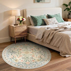 Lahome Sylvie Circle Rug 6ft Beige Floral, Gentle Blossom Print Nursery Round Rug, Machine Washable Kids Carpet for Bedroom, Non-Slip Circular Mat for a Cozy Retreat Nook Decor