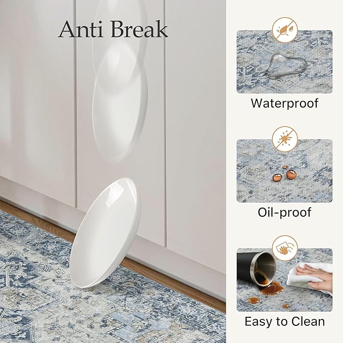 GENIMO Kitchen Mats for Floor 2PCs, Washable Anti Fatigue Mat for Cushioned, 17.3"x47"+17.3"x30", 0.4 inch, Waterproof Kitchen Rug, Non Slip Standing Mat for Home, Runner, Office, Laundry, Light Blue