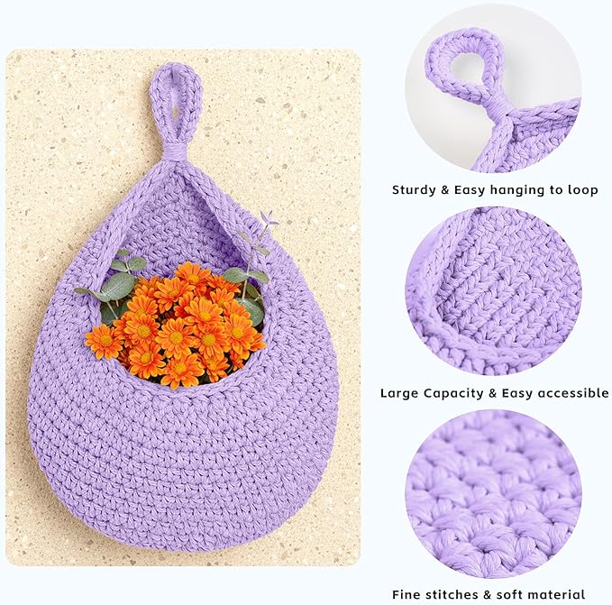 Hanging Storage Baskets Boho Decor Set of 3, Handmade Cotton Rope Wall-Mounted Fruit & Vegetable Baskets, Decorative Hanging Organizers for Kitchen, Entryway, Bathroom & Bedroom