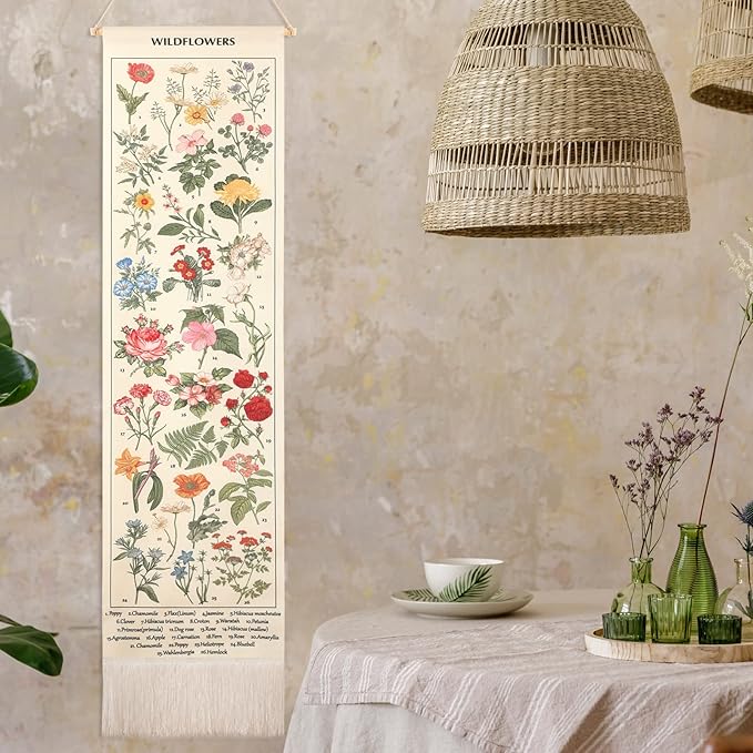 Geetery Vintage Floral Vertical Tapestry Wall Hanging Decor Long Flower Narrow Botanical Fabric Wall Art Hanging Reference Illustrative Tassel Tapestry for Bedroom Living Room Home Decor Gift(White)