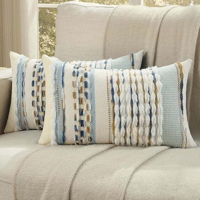 FUTEI Navy Brown Accent Throw Pillow Covers Set of 2, 12x20 Inch Plush Tufted Striped Textured Decorative Pillow Cases for Farmhouse Boho Couch Decor