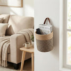 2-Pack Natural Jute Hanging Baskets 7 * 8inches, Round Woven Wall Decor & Storage Planter for Plant Decor and Home Organization,Walls Basket for Bedroom, Living Room, Bathroom,Boho Decor- Black Jute