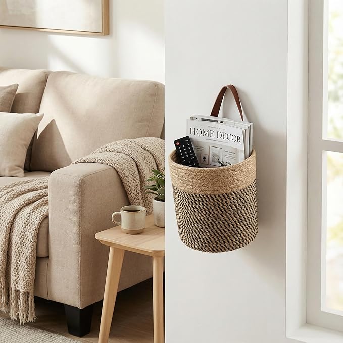 2-Pack Natural Jute Hanging Baskets 7 * 8inches, Round Woven Wall Decor & Storage Planter for Plant Decor and Home Organization,Walls Basket for Bedroom, Living Room, Bathroom,Boho Decor- Black Jute