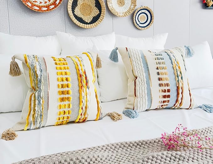 Boho Throw Pillow Covers 18x18 Aesthetic Neutral Boucle Couch Pillow Cover Rainbow Striped Decorative Accent Pillow Case for Couch Bed Sofa Farmhouse,Modern Funky,Set of 2 Yellow-Grey
