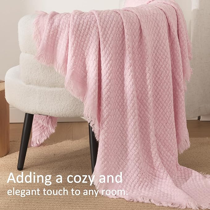 Exclusivo Mezcla Knit Throw Blanket with Fringes for Couch, Reversible Super Soft and Warm Woven Boho Throw for All Season, Home Decor, 50"x60", Light Pink