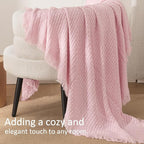 Exclusivo Mezcla Knit Throw Blanket with Fringes for Couch, Reversible Super Soft and Warm Woven Boho Throw for All Season, Home Decor, 50"x60", Light Pink