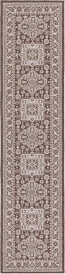 Rugs.com Outdoor Aztec Collection Rug – 12 Ft Runner Brown Flatweave Rug Perfect for Hallways, Entryways