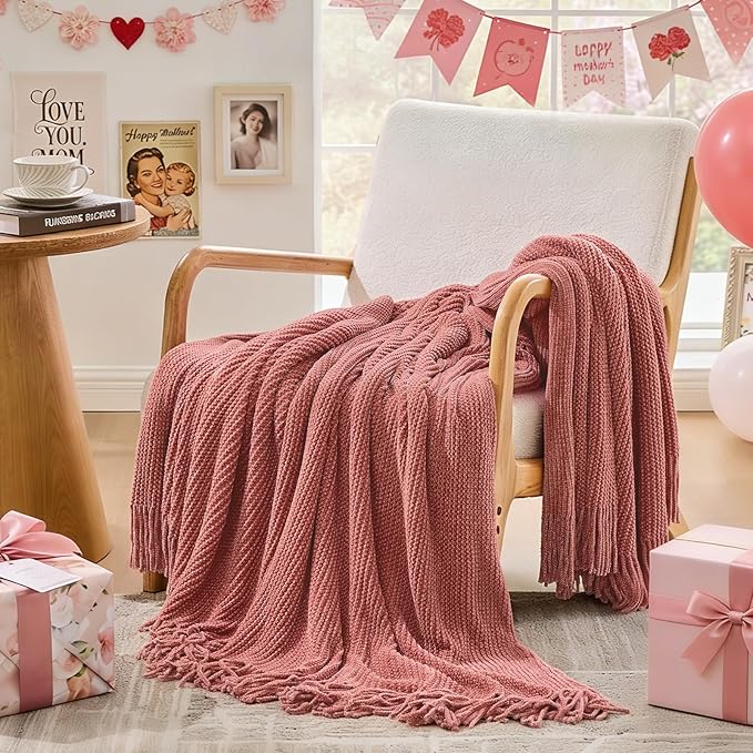 inhand Coral Pink Chunky Chenille Throw Blanket for Couch Bed, Mothers Day/Mom Birthday Gifts for Mom from Daughter Son,Soft Boho Knitted Blanket,Cozy Decor for Living Room,60"x80",Extra Thick