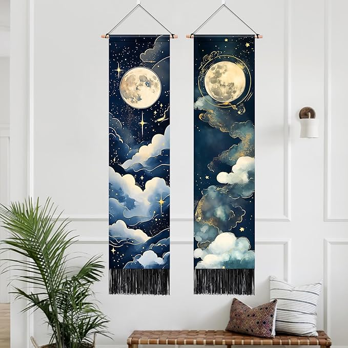 AOHMPT Pack of 2 Long Vertical Tapestry,Nature Landscape Tapestry with Serene Mountain River, Moon & Sun Motifs,Traditional Ink Painting Wall Art , Zen Aesthetic Wall Hanging for Living Room Bedroom Decor 13" W x 51" H"