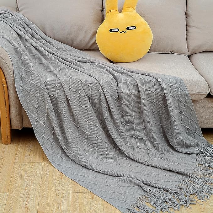 Throw Blanket for Couch Bed, Sofa Knit Blanket Farmhouse Throw for Living Room, Decorative Fall Throw Blanket for Chair, Outdoor Textured Boho Blanket（Grey 51x67In）