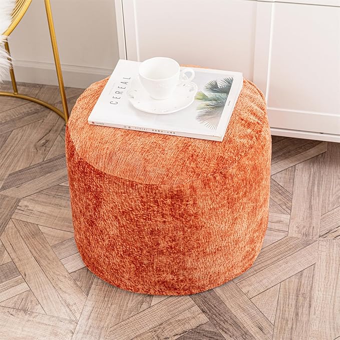 Round Boucle Pouf Ottoman Modern Foam Filled Foot Rest Multifunctional Foot Rest Coffee Table Floor Pouf Seat for Living Room Bedroom Orange