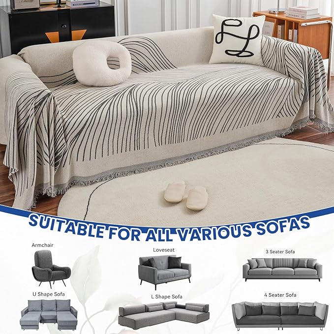 VClife XXL Sofa Cover Chenille Couch Cover for 3 Cushion Couch Sofa, Modern Beige Gray Striped Couch Covers for Kids Washable Sectional Sofa Protector with Tassel 71"X150"