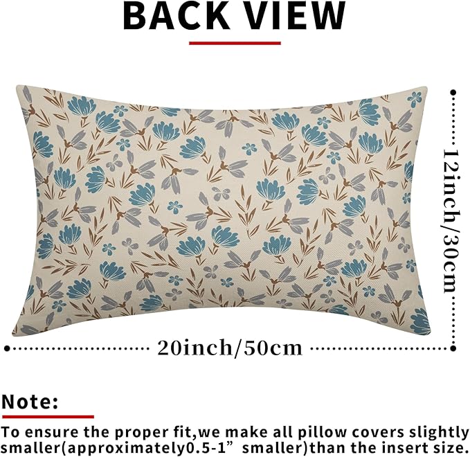 Brown Blue Grey Floral Pillow Covers 12x20 Set of 2 Vintage Rustic Old Style Cute Small Flower Print Rectangle Decorative Outdoor Pillowcases Farmhouse Throw Cushion Case Decor for Couch Sofa Bed